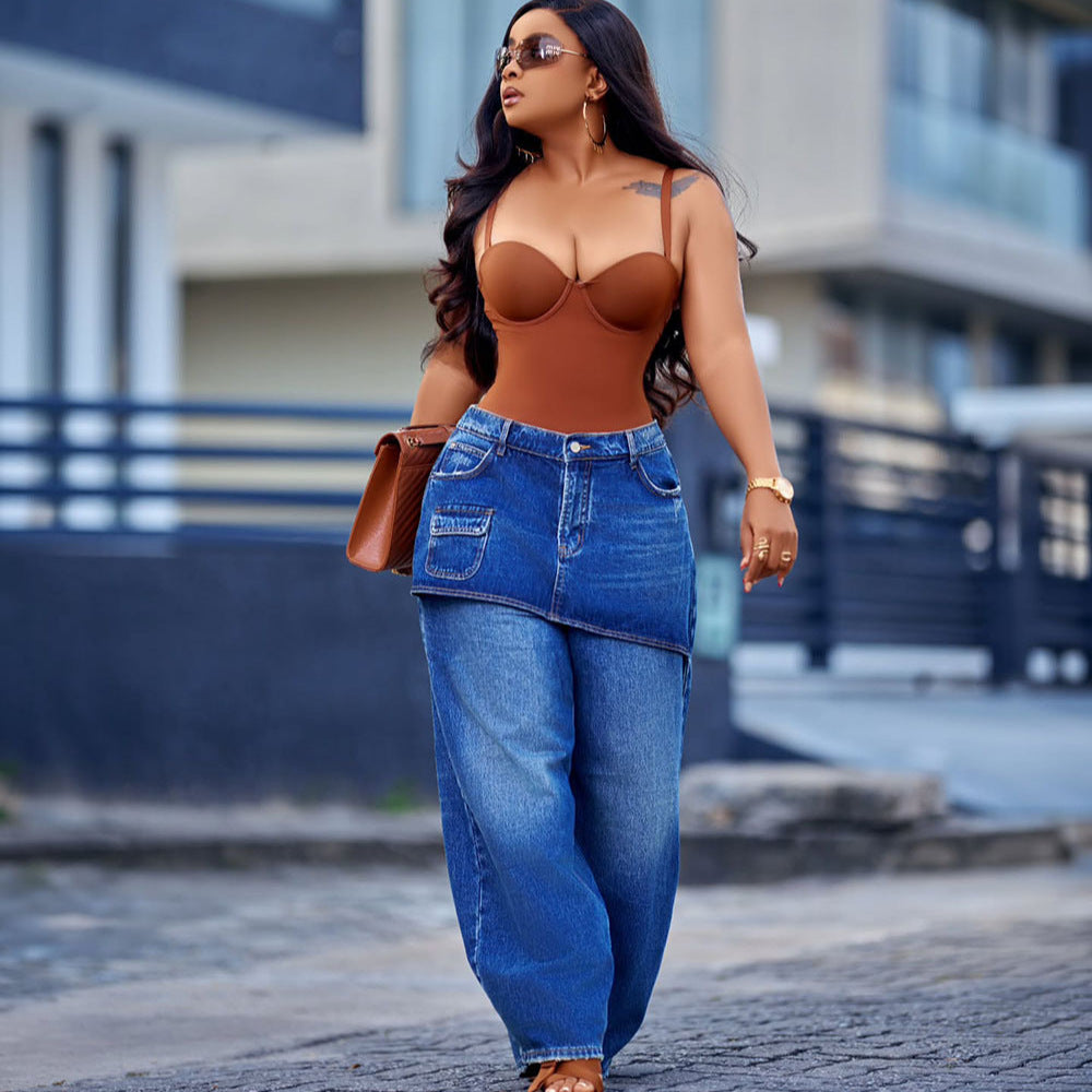 European and american style straight-leg jeans,  cross-border new women's streetwear washed elastic waist denim skirt pants