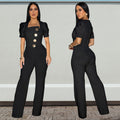 C7378 cross-border   fashion women's large button short sleeve sporty wide leg jumpsuit new