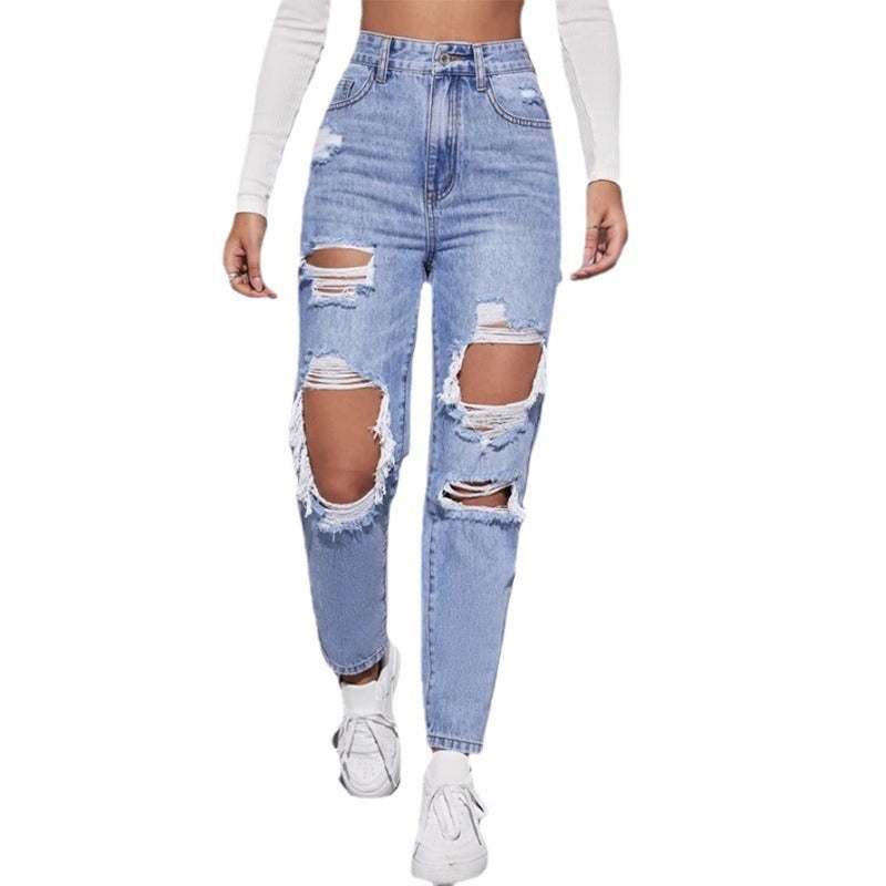 Personalizedjeans women's hot-selling exportfashion worn-out straight-leg pants fashioncasual ripped washed jeans