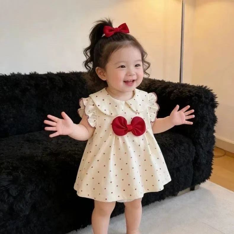 Newborn baby summer romper - lightweight newborn bodysuit - sweet & cute polka dot bowknot onesie for baby girls