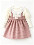 spring new girls' cotton dress, faux two-piece style, korean style toddler short-sleeve dress, cartoon design