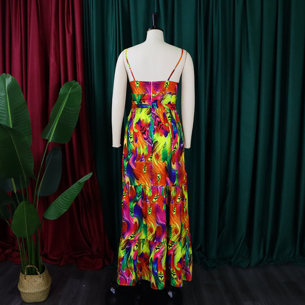 D299 cross-border summer new arrivals: european and american style sexy camisole dress, printed sleeveless sexy backless foreign trade maxi dress
