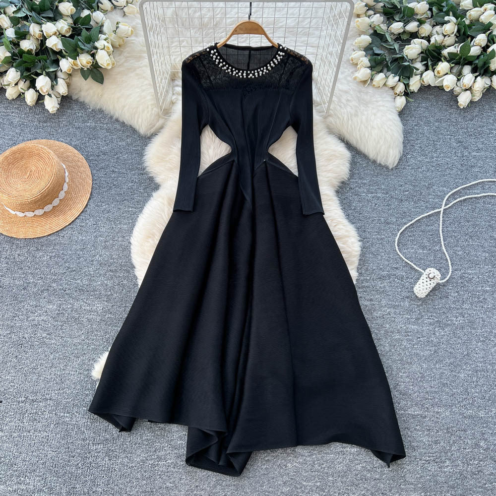Miya european and american dress women's  autumn fashion beaded round neck long sleeve waist slimmingelegant pleated long skirt