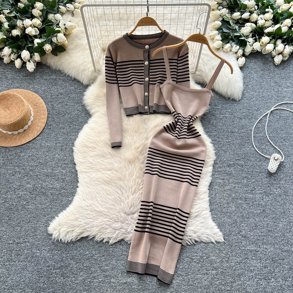 Autumn outfit set for women: high-end, fashionable color block striped knit cardigan with cinched waist cami bodycon dress