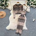 Autumn outfit set for women: high-end, fashionable color block striped knit cardigan with cinched waist cami bodycon dress