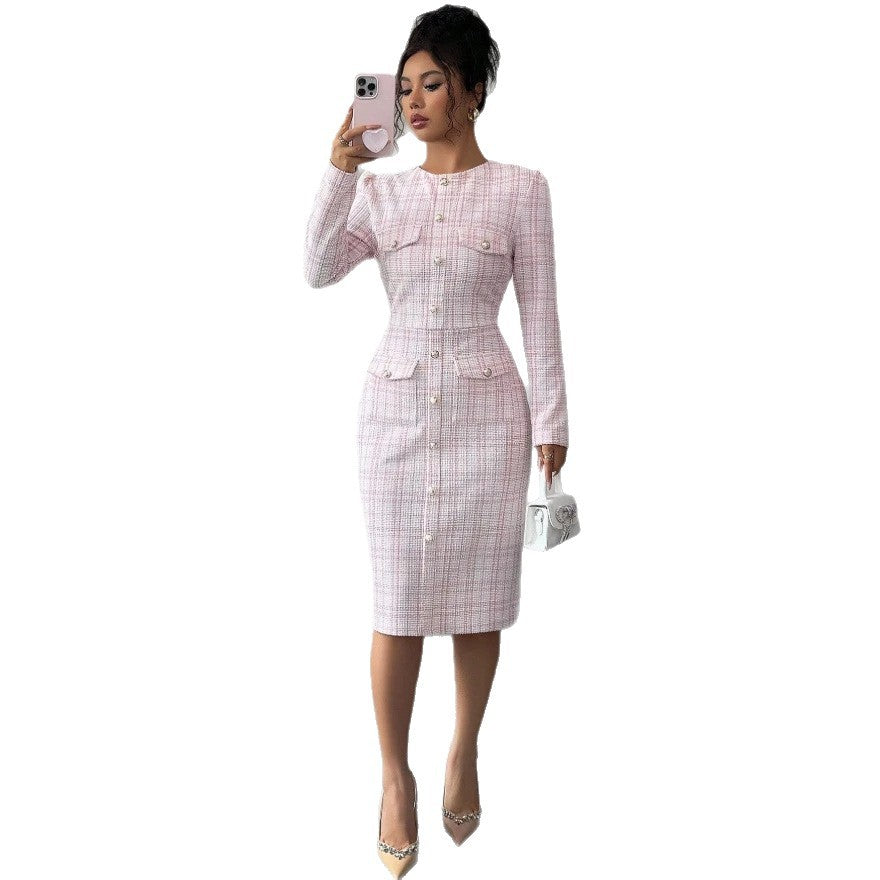 new european and american cross-border e-commerce women's pink slim-fit elegant dress