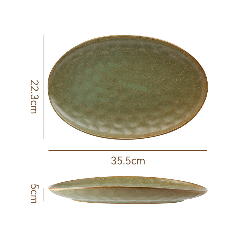 Retro stoneware oval ceramic long plate restaurant for home large capacity stylish fish plate sushi pastry dessert plate