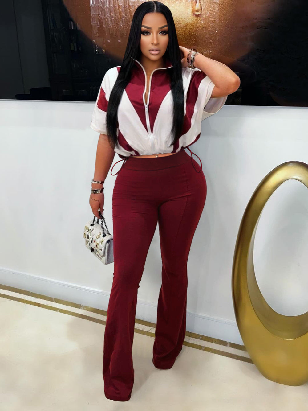 European and american style fashion casual elastic waist color block patchwork color block sport two-piece pants set -