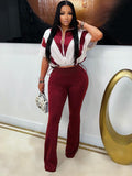 European and american style fashion casual elastic waist color block patchwork color block sport two-piece pants set -