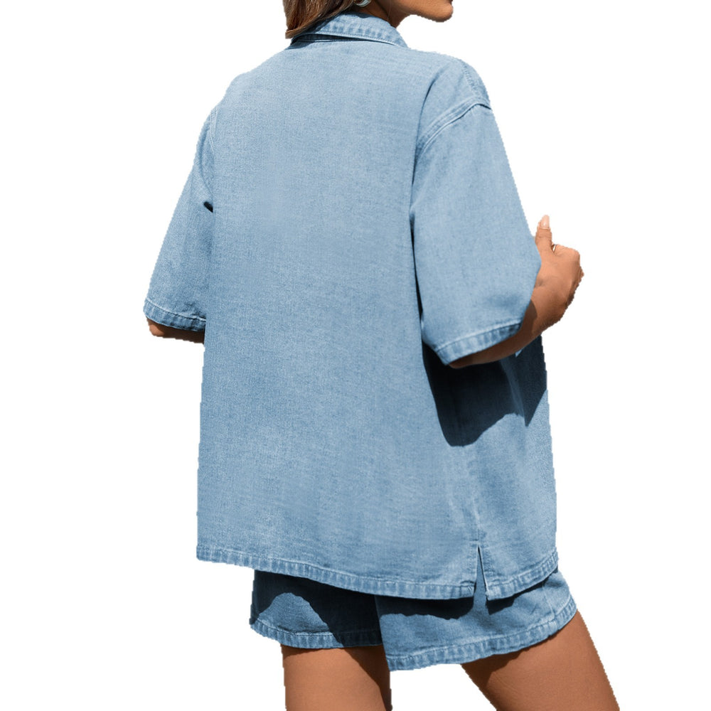 European and american cross-border e-commerce summer new women's clothing  independent website washed denim tie-up short sleeve shorts set