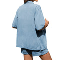 European and american cross-border e-commerce summer new women's clothing  independent website washed denim tie-up short sleeve shorts set