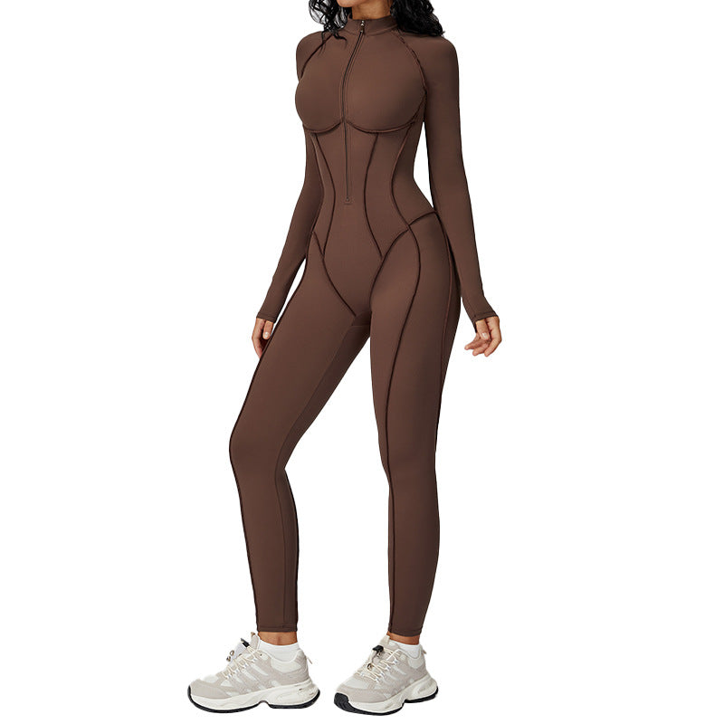 color block stand collar jumpsuit half-zip one-piece activewear women's high-intensity workout yoga suit 9326