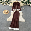 French chic two-piece set: women's fashionable color block v-neck long sleeve ribbed knit top with bodycon midi skirt