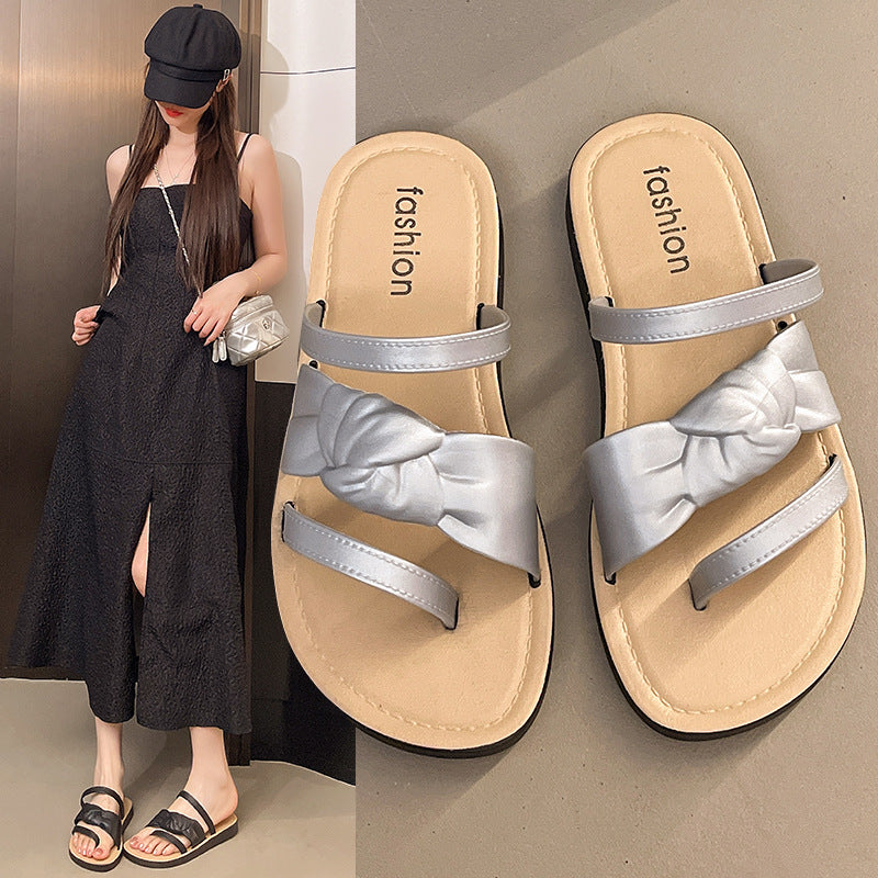 2025 new fashion summer flat sandals women's outdoor vacation versatile bow student beach sandals