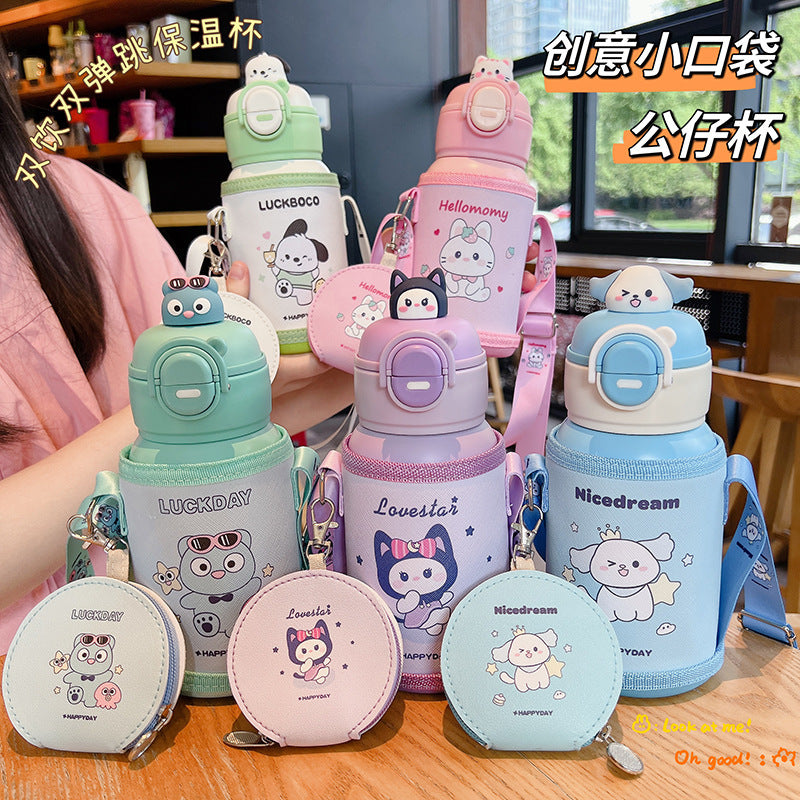 New cartoon character double-drink kids' thermos cup, 316 stainless steel food-grade water bottle with sleeve and straw