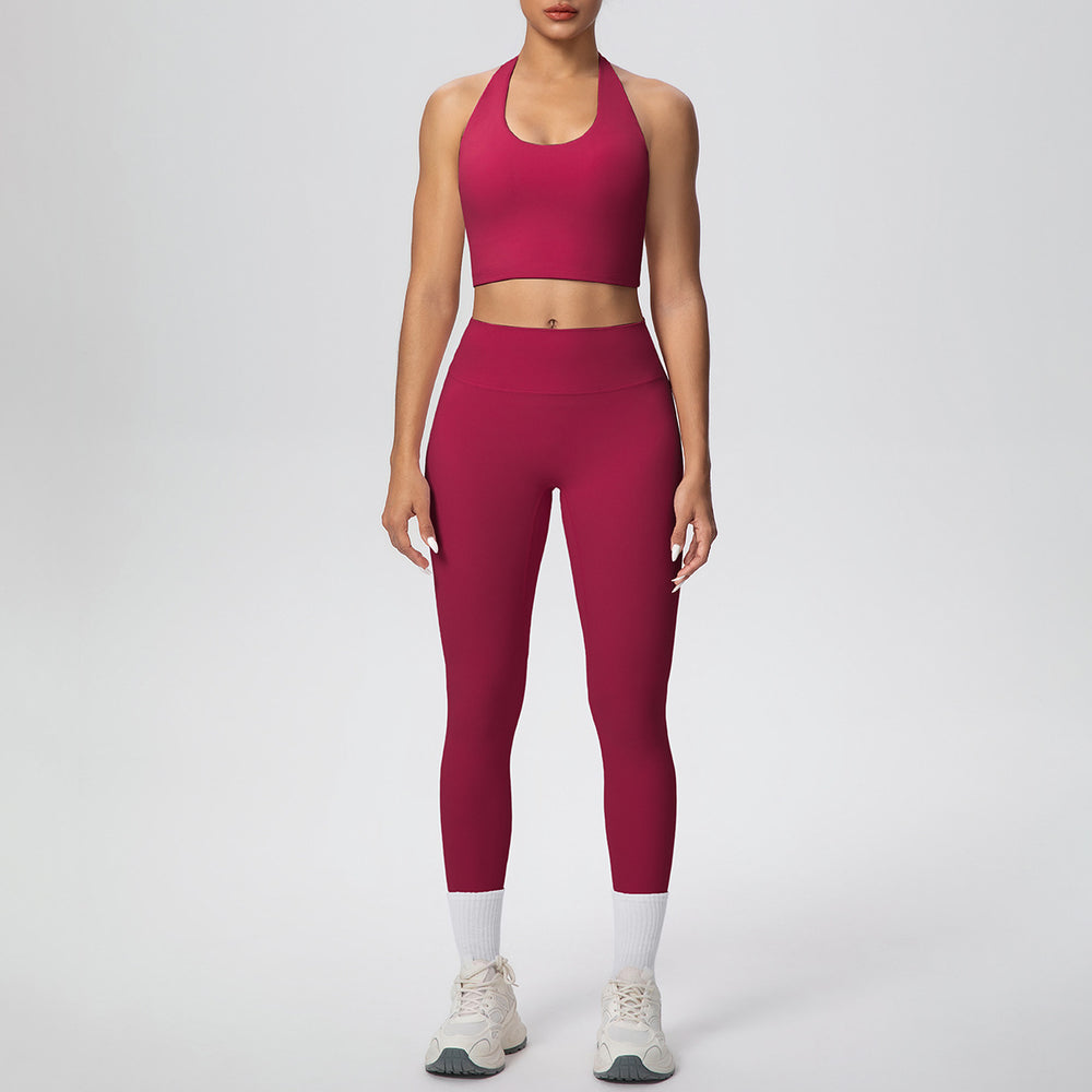 New arrival cross-border pure color double-sided brushed halter nine-point pants yoga suit sports running fitness two-piece set for women