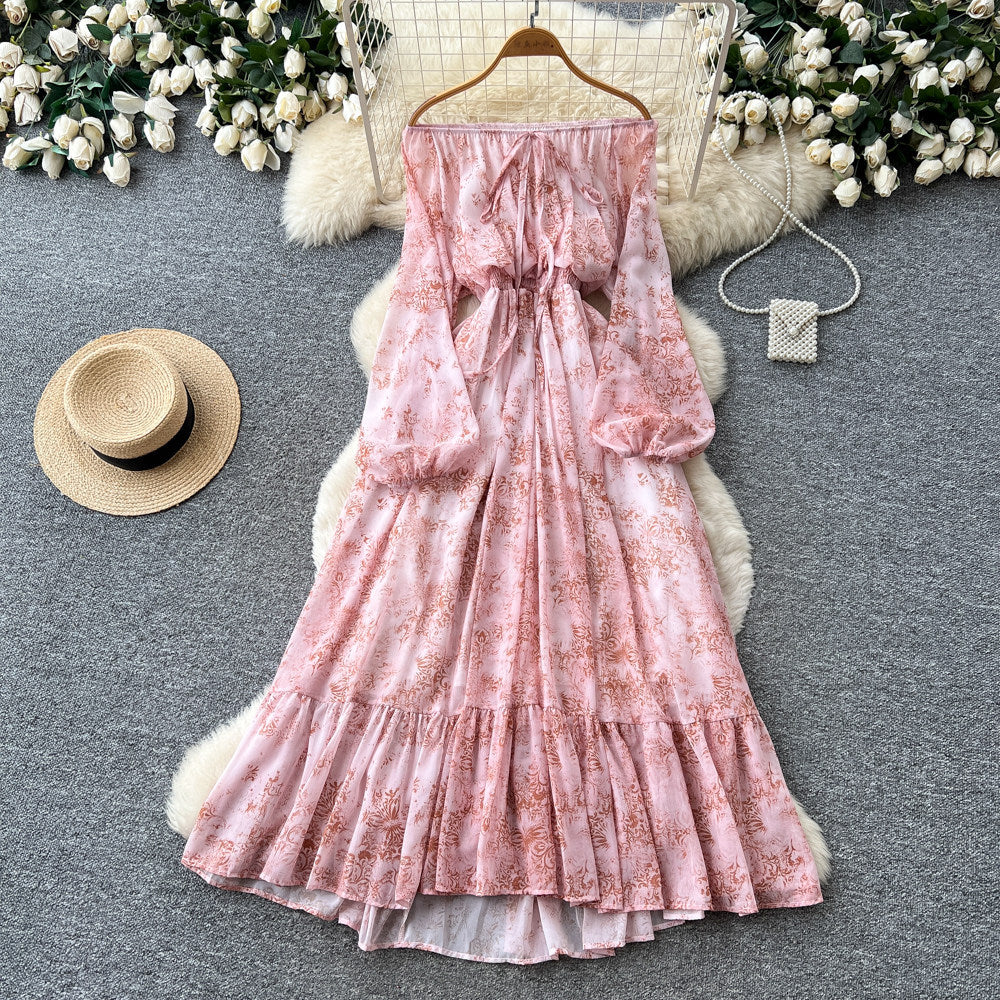 French chic tie-waist floral print dress - women's elegant one-shoulder long sleeve maxi dress