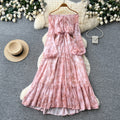 French chic tie-waist floral print dress - women's elegant one-shoulder long sleeve maxi dress