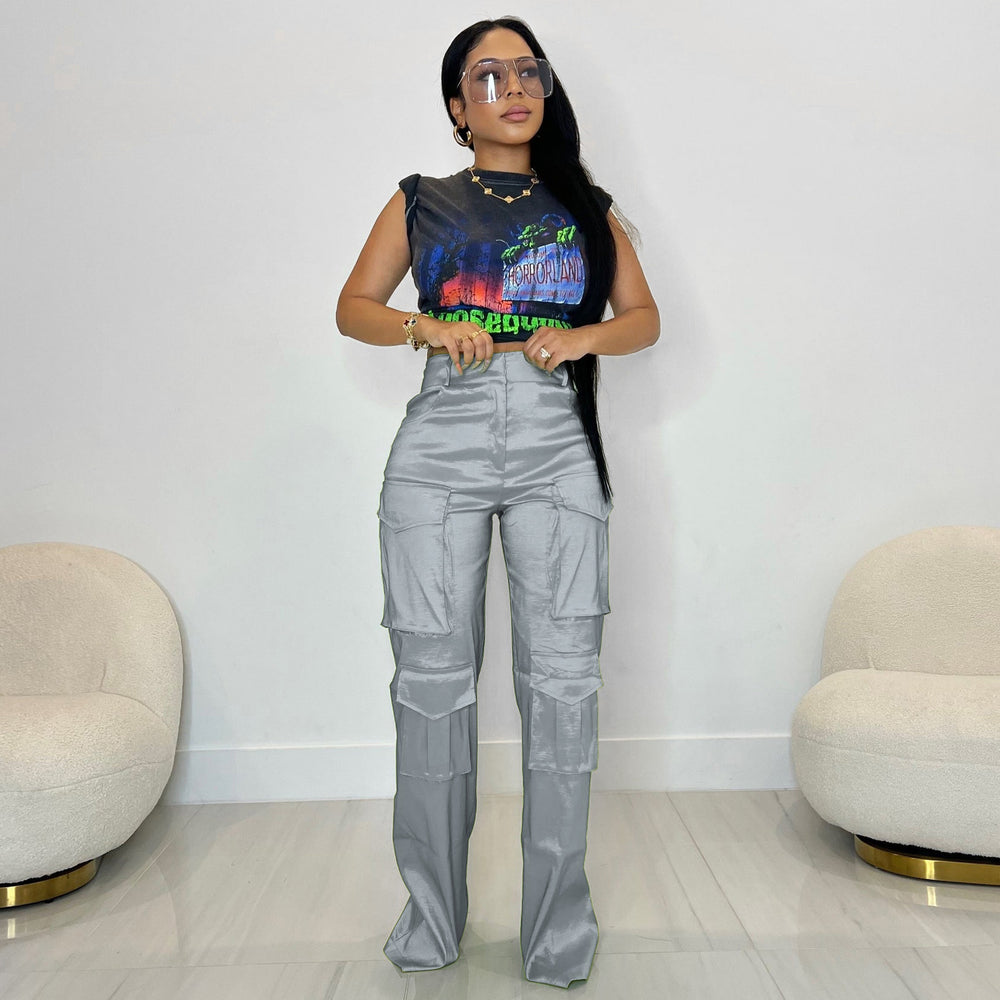 e-commerce source of goods fashionfashioncasual women's pure color multi-flap pocket pantsworkwearpants
