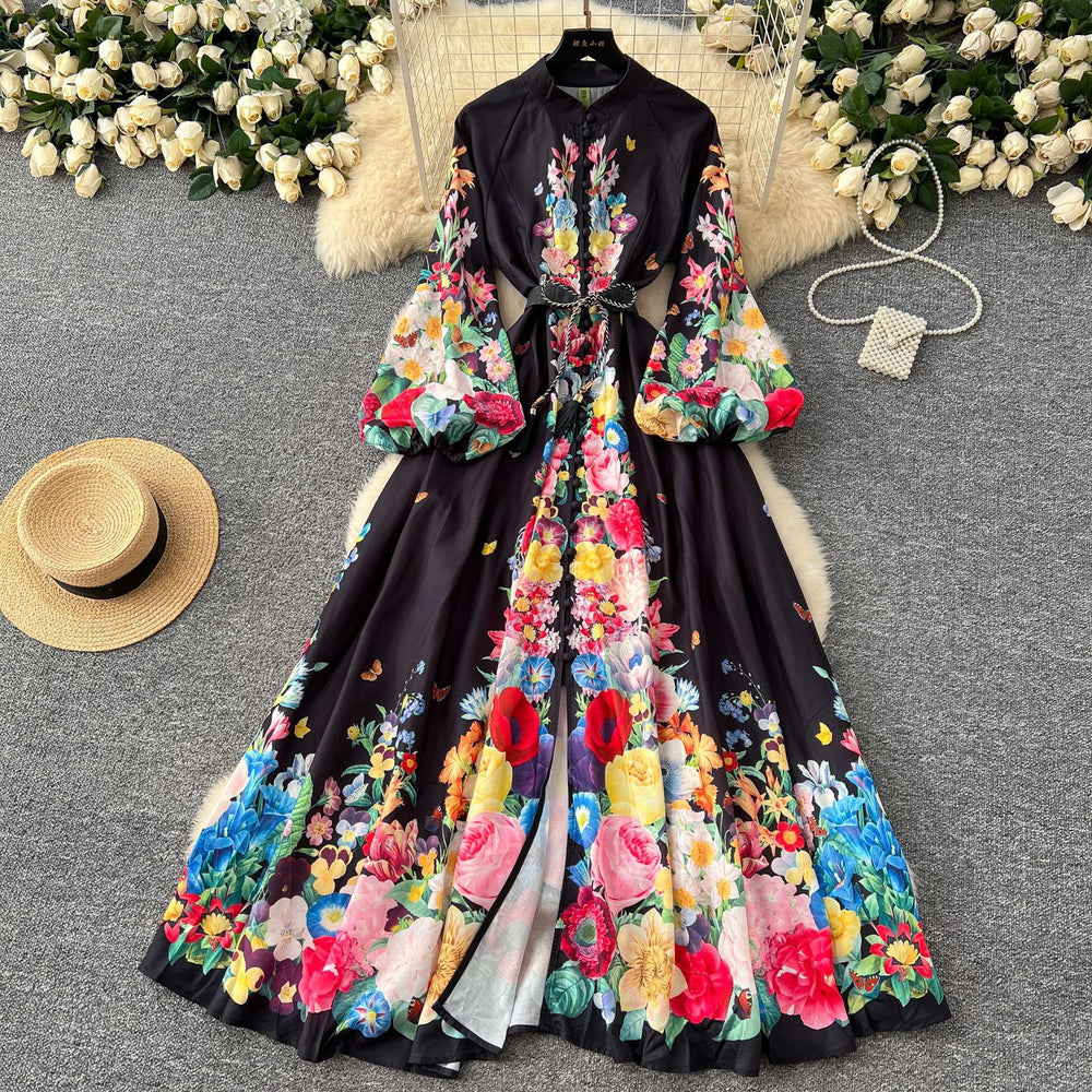 Elegant dress - spring  collection: european & american court style, printed stand collar, single-breasted button closure, cinched waist, lantern sleeves, and flowy maxi length