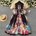 Elegant dress - spring  collection: european & american court style, printed stand collar, single-breasted button closure, cinched waist, lantern sleeves, and flowy maxi length