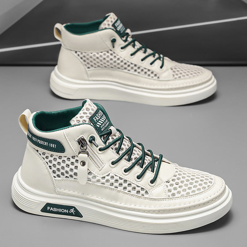 Spring men's new breathable high-top sneakers: trendy, versatile, mesh, anti-slip, athletic, hollow-out, casual skate shoes