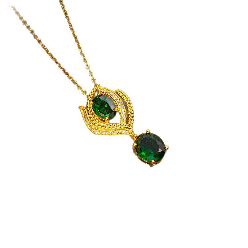 [set] internet celebrity popular emerald geometric titanium steel earrings necklace for women, light luxury high-end ring clavicle chain