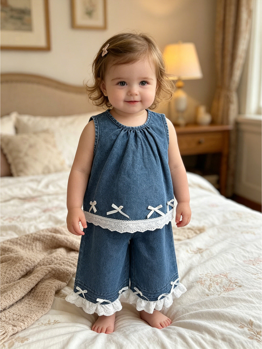 new summer outfit for baby girls: stylish doll-inspired sleeveless denim patchwork lace pants two-piece set