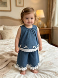 new summer outfit for baby girls: stylish doll-inspired sleeveless denim patchwork lace pants two-piece set