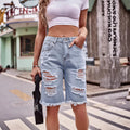 foreign trade european and american women's clothing  new arrival ripped slimming look denim washed raw edge 5-point pants casualshorts