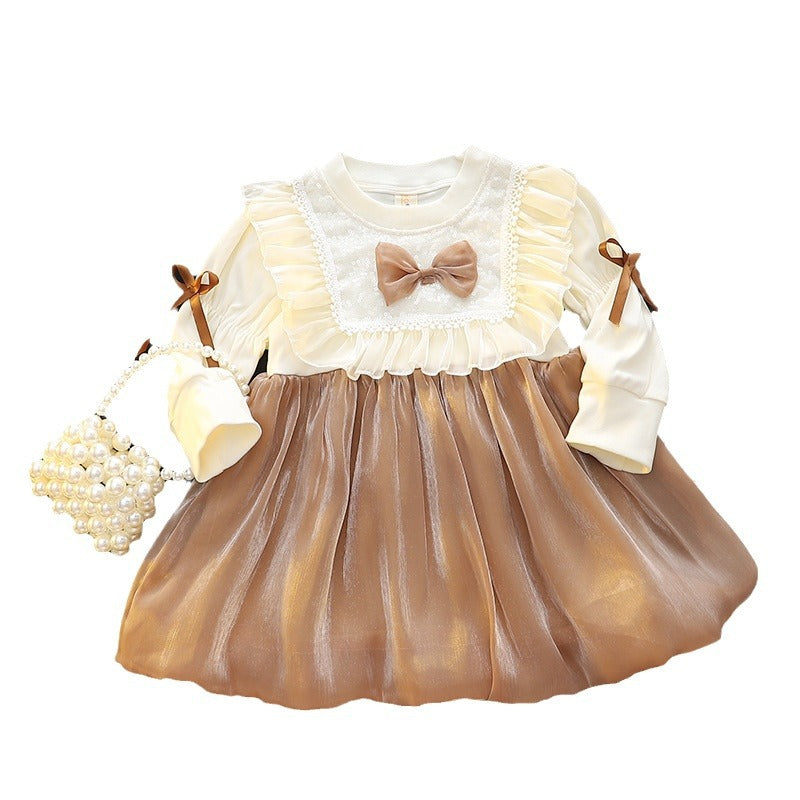 Girls' dress: sweet and stylish round neck floral lace bow patchwork long sleeve princess dress for toddlers and young children