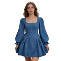 independent station  fashion frenchlong sleeves waist large swing skirt slimming look denim dress
