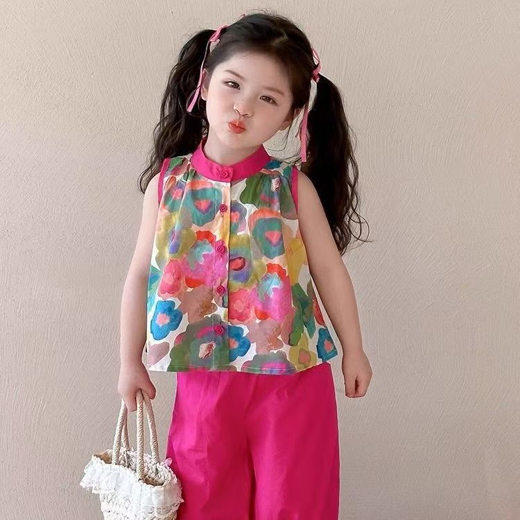 【comfortable neckline】girls' summer outfit set  new style baby floral tank top summer clothes little girl chic