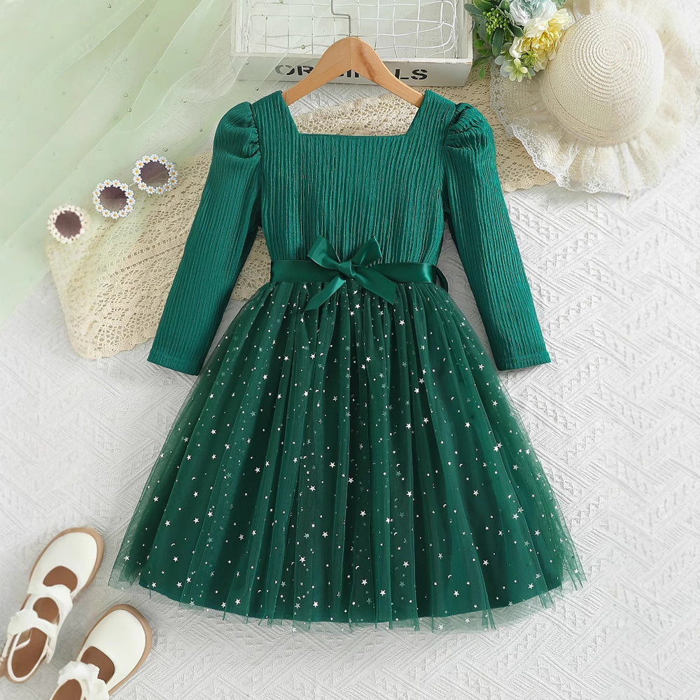 Girls' long-sleeve dress for export, green star pattern, mesh paneling, bow belt, a-line princess dress