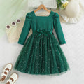 Girls' long-sleeve dress for export, green star pattern, mesh paneling, bow belt, a-line princess dress