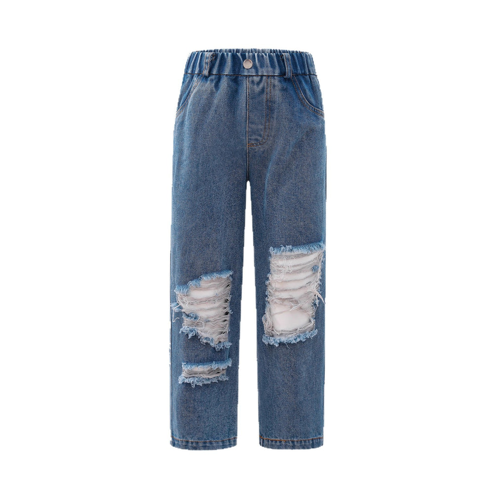 New arrivalkidsjeans cross-border children's clothing blue ripped pants distressed retrogirlpants medium and large children's straight-leg pants