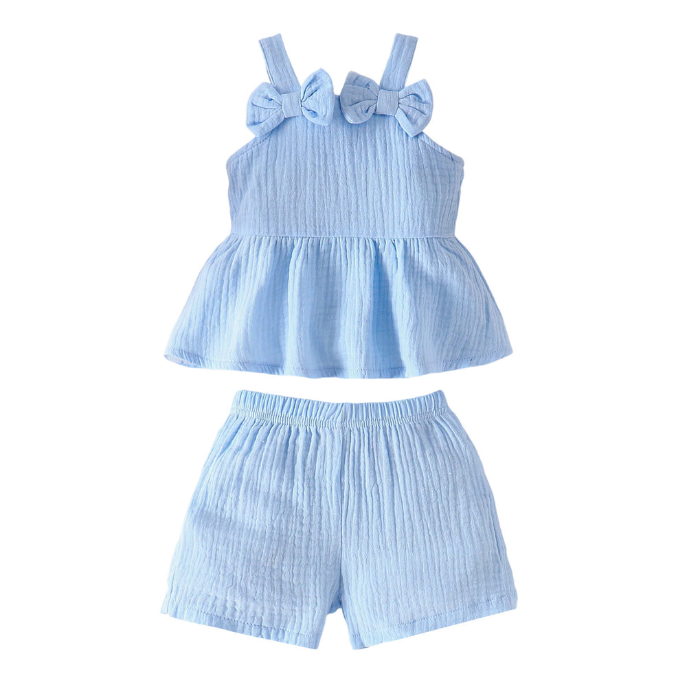 fashionsummernew arrivalbows suspender tops shorts cutesweet baby children's clothing suittwo-piece set