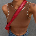 S391586 european and american street style brown ribbed studded tank top - hot girl slim fit sleeveless top - cross-border supply