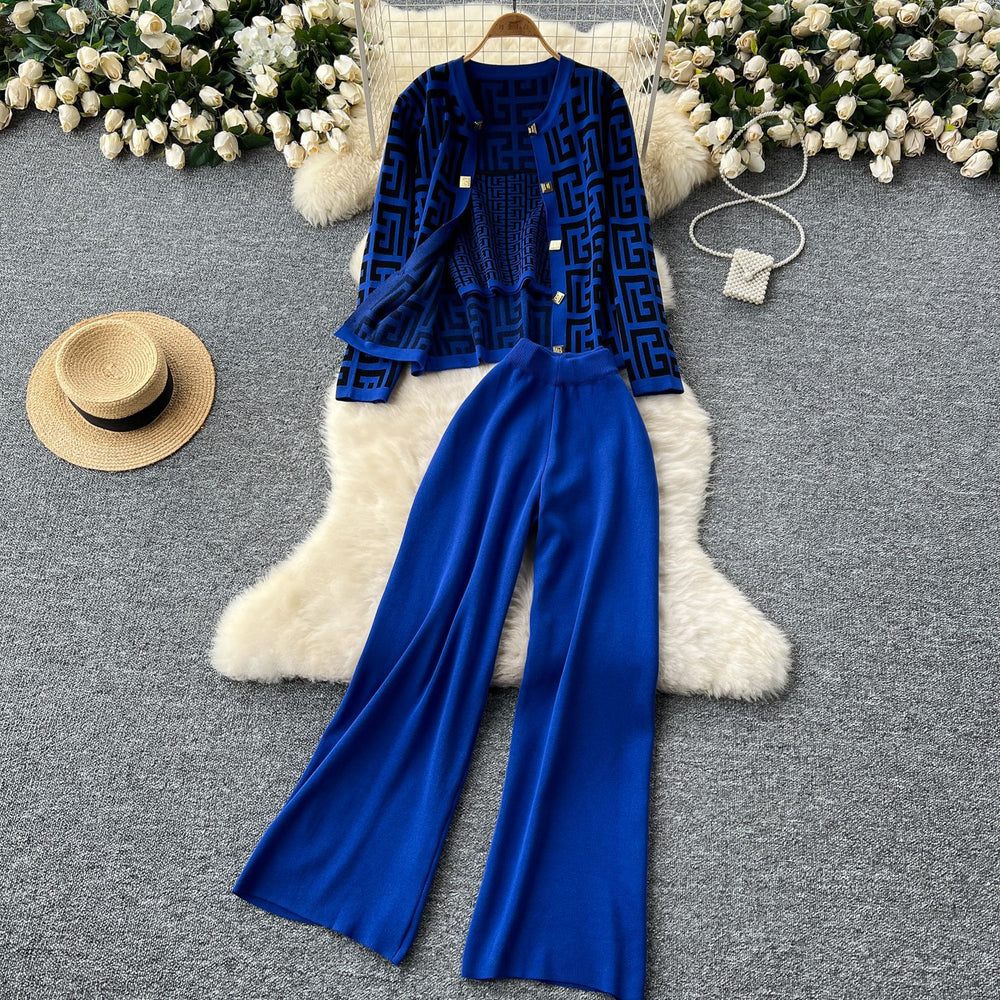 Xiaoxiangfengsuitfemale autumn winterfashion maze return pattern knittingcardiganoutwear with vest + pants