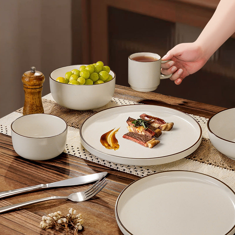 European minimalist black line dinnerware set, ceramic steak plate for restaurants and hotels, personalized fruit and salad bowl for home use