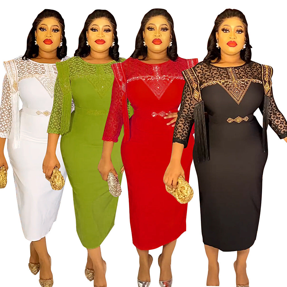 African plus size women's olwork clothing hip skirt fashionexport lace tassel patchwork round neck dress