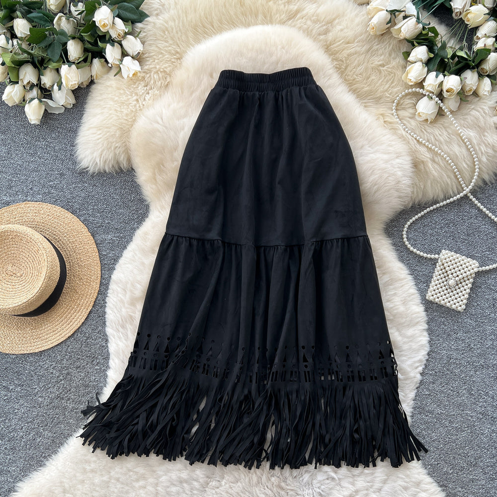 Korean style high-waisted a-line midi skirt with tassel detail - versatile work skirt for autumn