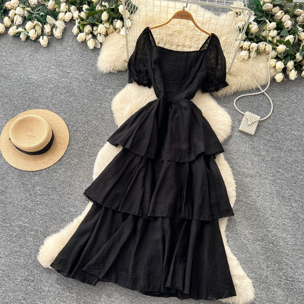 French holiday style puff sleeve square neck dress women's summer pleated waist slimming look layered ruffles cake skirt