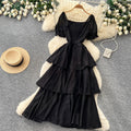 French holiday style puff sleeve square neck dress women's summer pleated waist slimming look layered ruffles cake skirt