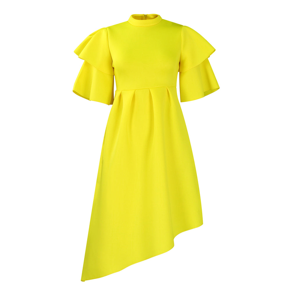 D230 cross-border women's fashion  summer new arrival double-layer ruffle sleeve solid color a-line european and american style dress - export dress