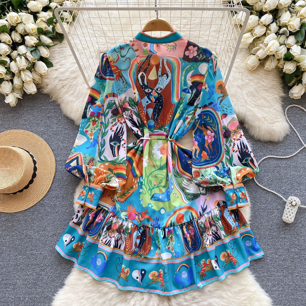 Super fairy seaside vacation v neck floral dress women's summernew arrivaltie back waist large hem pleated fairy skirt