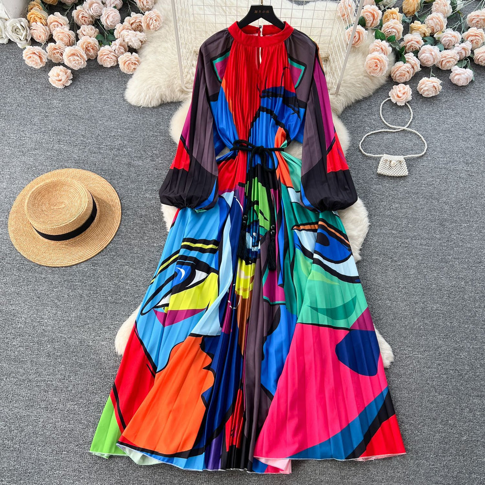 European and american retro court style design printed long dress with heavy pleating, puff sleeves, and pleated skirt - spring collection for women