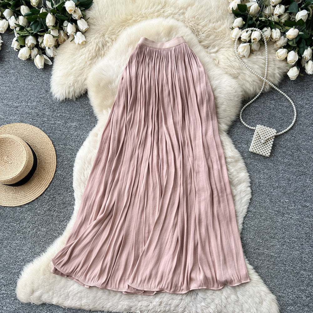 K-style high waist pleated elastic waist skirt women's summera-shaped pleated large hem work clothingelegant long skirt multi-color