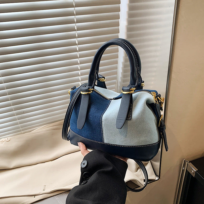 Foreign order denim bag women's versatile 2025 new casual messenger bag contrasting color portable Boston bowling bag