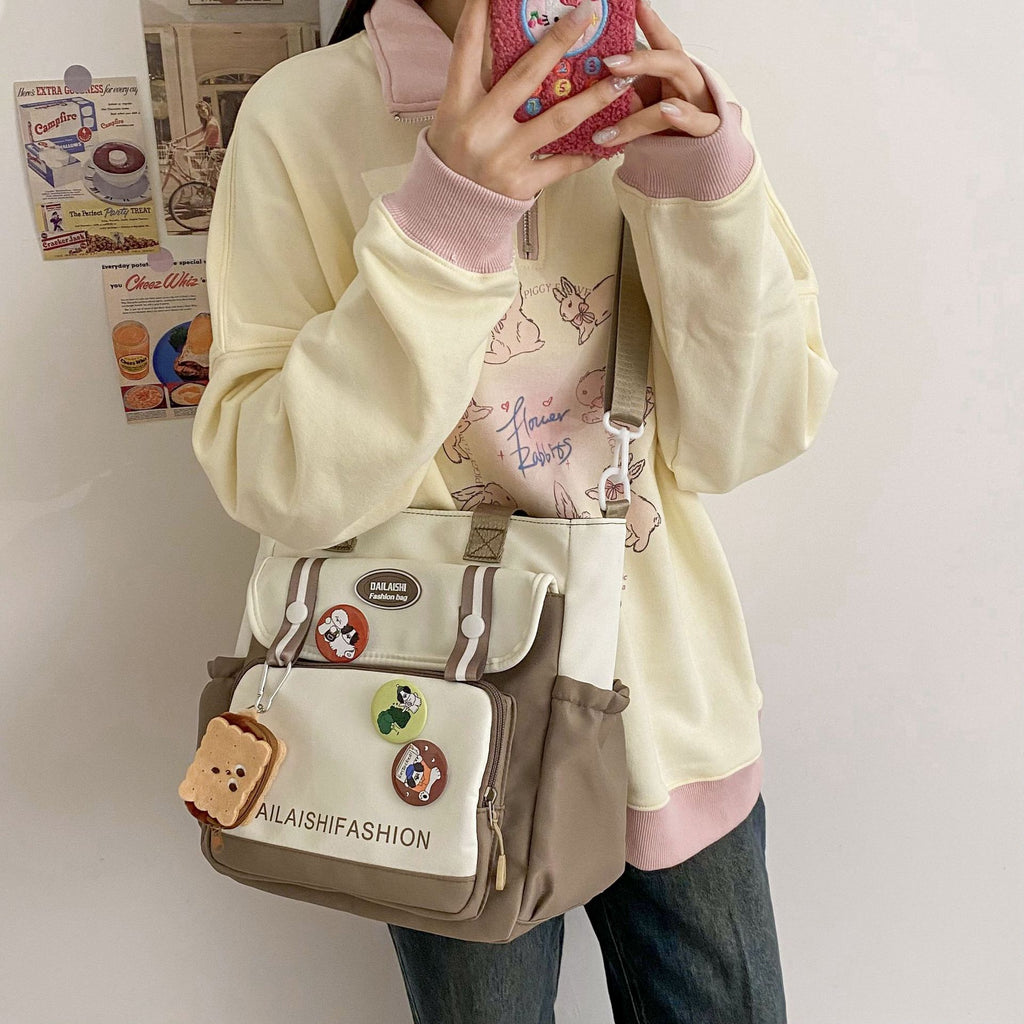 New large-capacity contrasting color handbag female cute girl shoulder messenger bag college student class tutoring bag